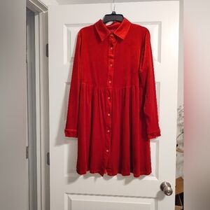 Red Velvet Button-Up Dress